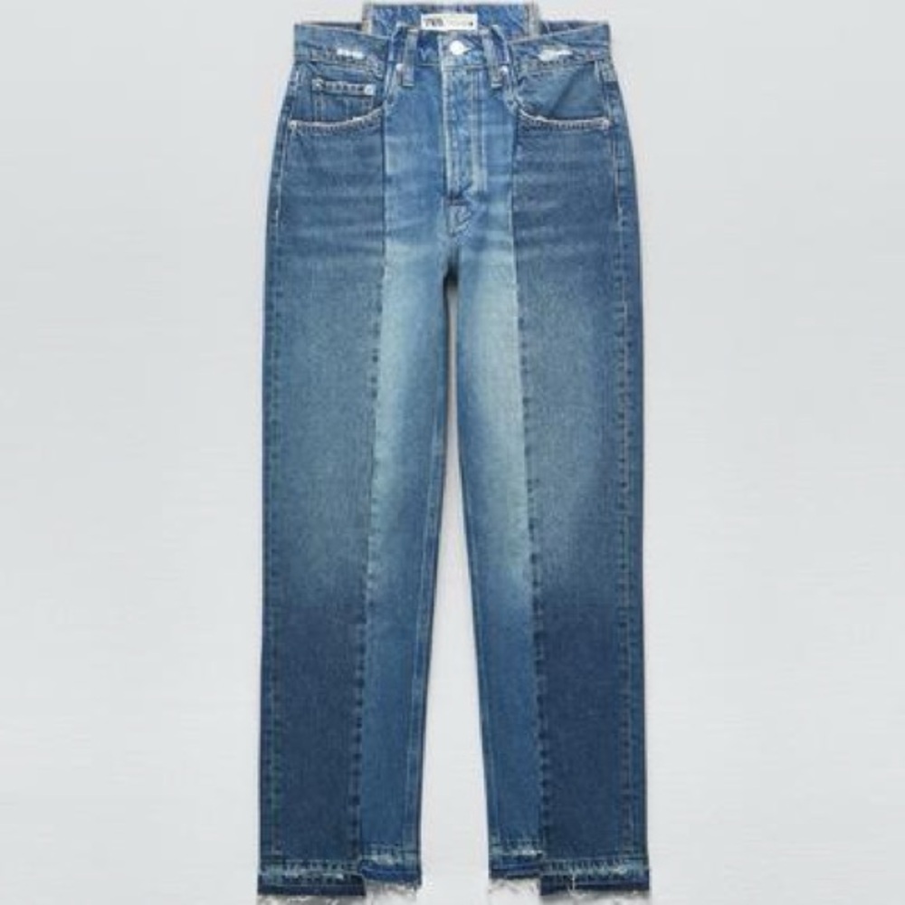 Zara Signature Denim THE CONTRAST CROPPED STRAIGHT LEG JEANS MID-BLUE